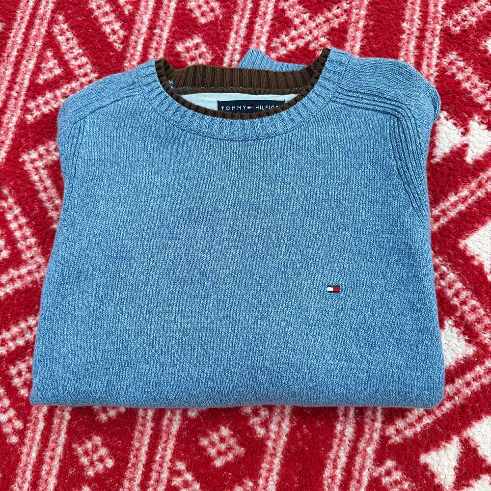 Tommy Hilfiger Men's Large Crewneck Sweater - Heather Sky Blue - Contrast Trim